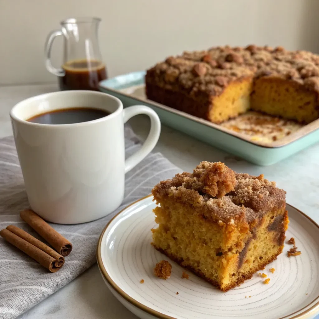 Pumpkin Coffee Cake – A Perfect Fall Breakfast Treat 8 Pumpkin coffee cake served with coffee on a rustic table with fall décor