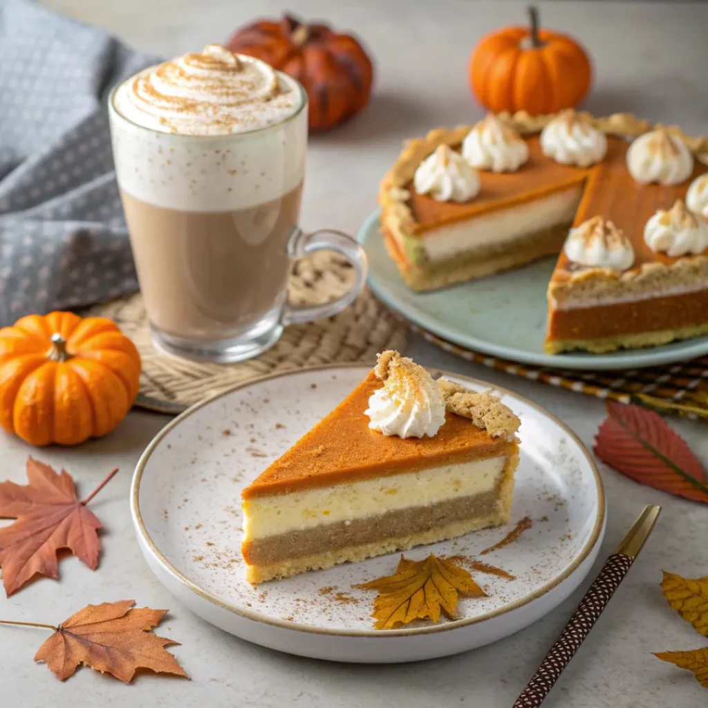 Pumpkin Cream Pie – Silky, Spiced, and Perfectly Autumnal 8 Slices of pumpkin cream pie on a plate with whipped cream and a cup of spiced latte