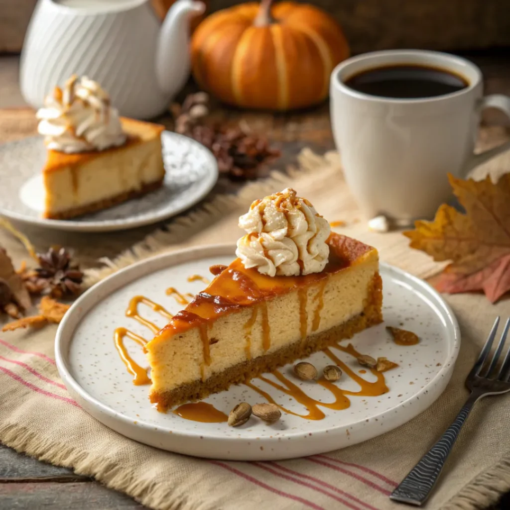 Pumpkin Crème Brûlée Cheesecake – Creamy, Spiced, and Perfect for Fall 8 Pumpkin crème brûlée cheesecake slice with caramel and coffee