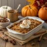 Pumpkin dump cake with golden crumb topping and whipped cream