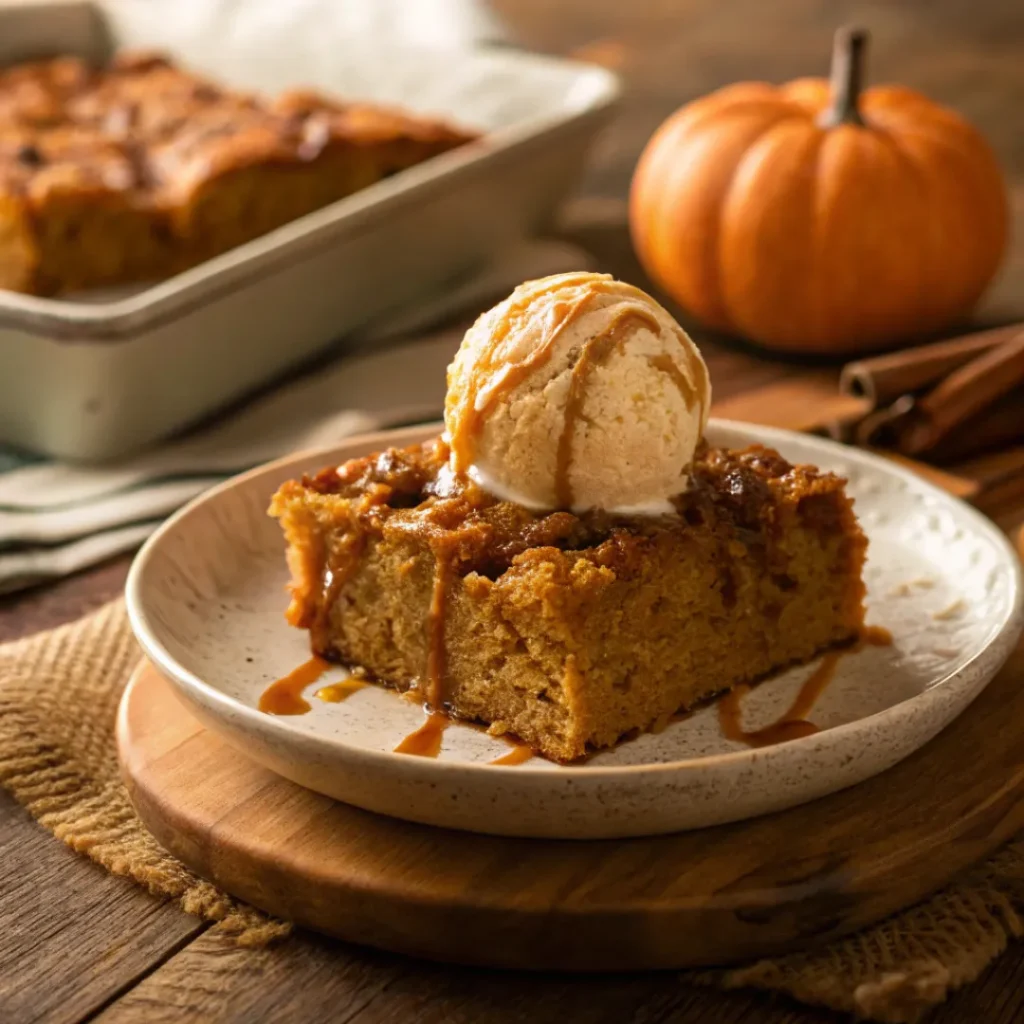 Pumpkin Dump Cake – Easy Fall Dessert with Warm Spices 8 Pumpkin dump cake served with ice cream and caramel drizzle
