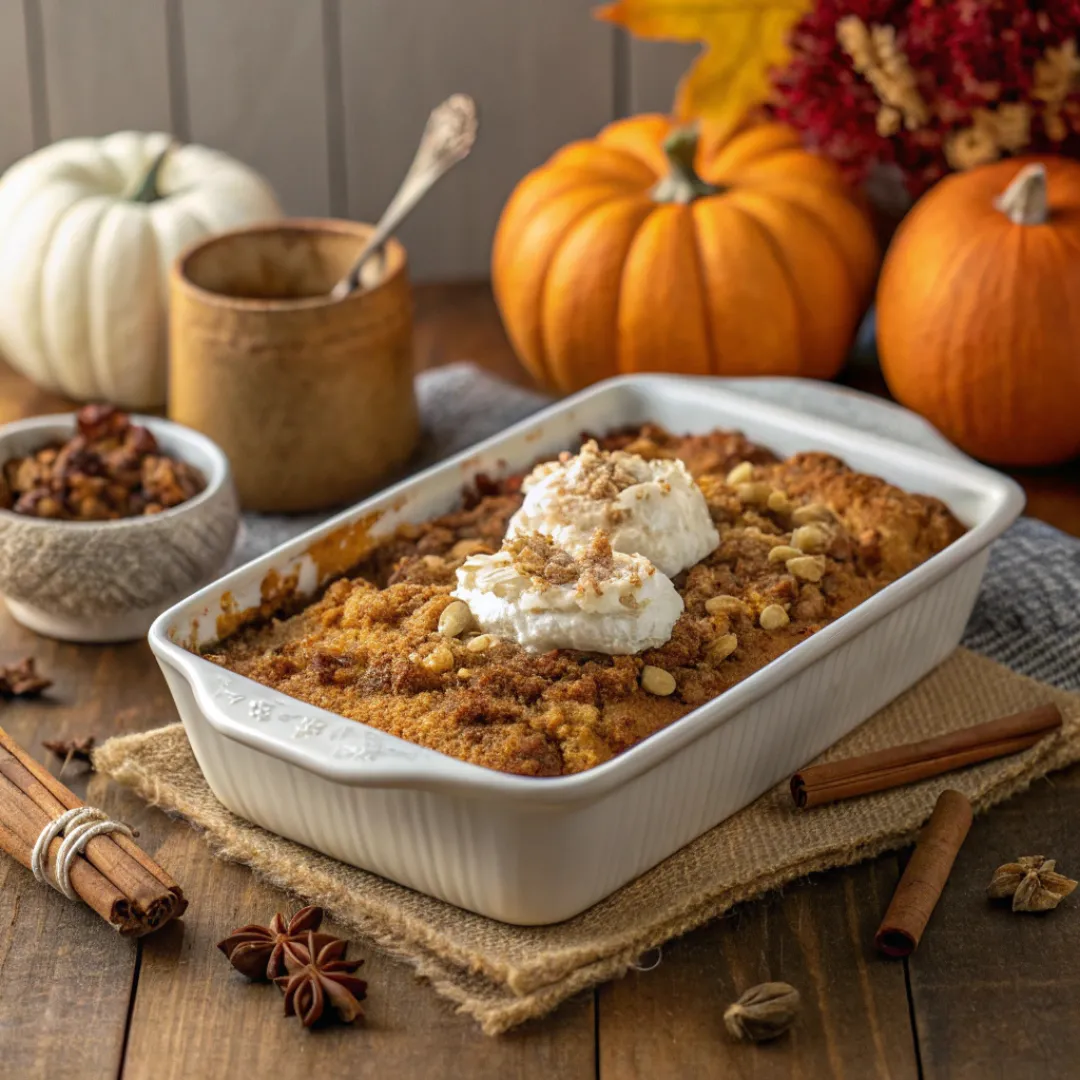 Pumpkin dump cake with golden crumb topping and whipped cream