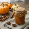 Homemade pumpkin jam in a jar with cinnamon and autumn accents