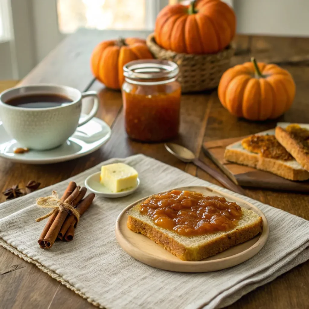 Sweet Homemade Pumpkin Jam 8 Pumpkin jam spread on toast with butter and tea