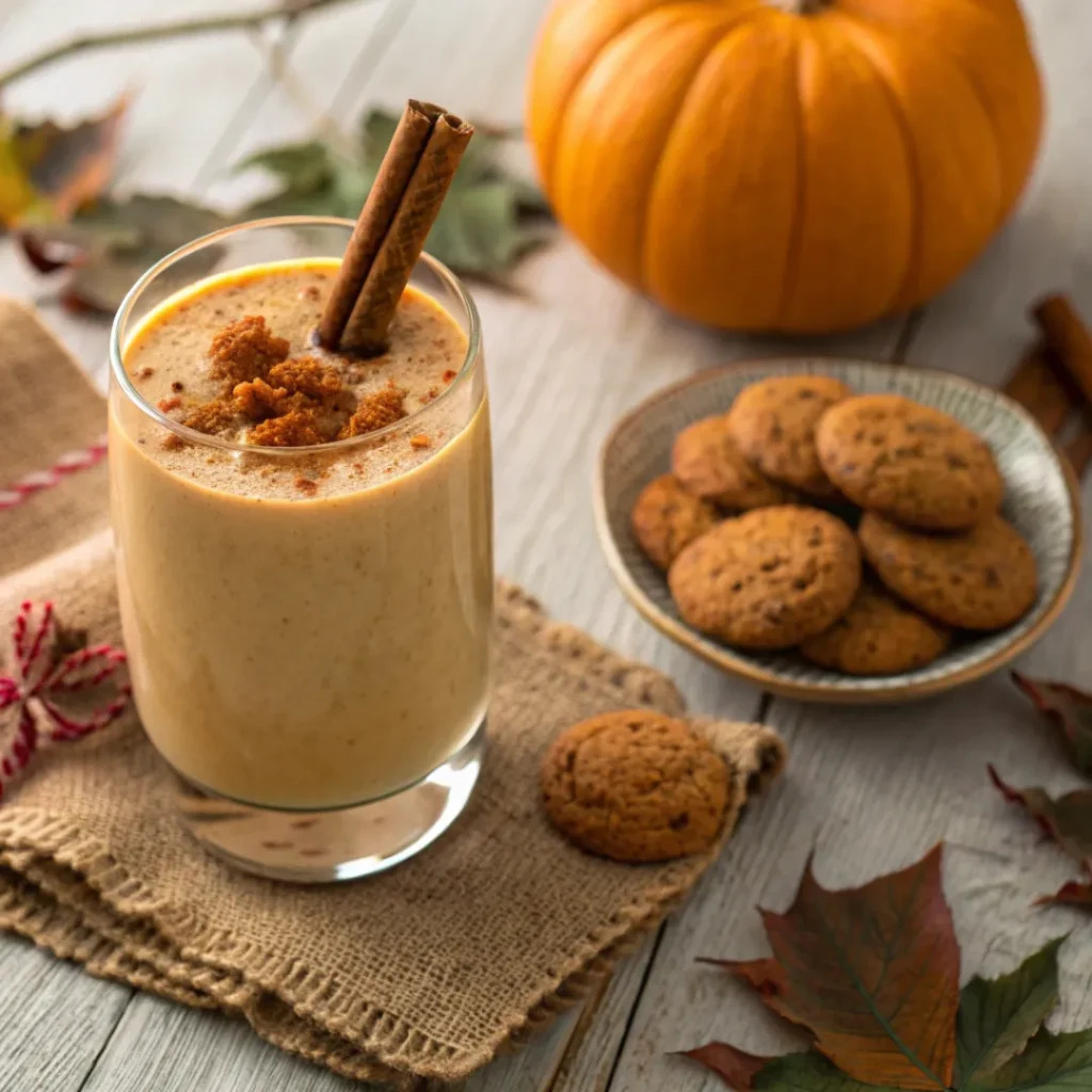 Pumpkin Pie Smoothie – Creamy, Spiced, and Perfect for Fall 8 Pumpkin pie smoothie served with a cinnamon stick and pumpkin spice cookies on a fall-themed table