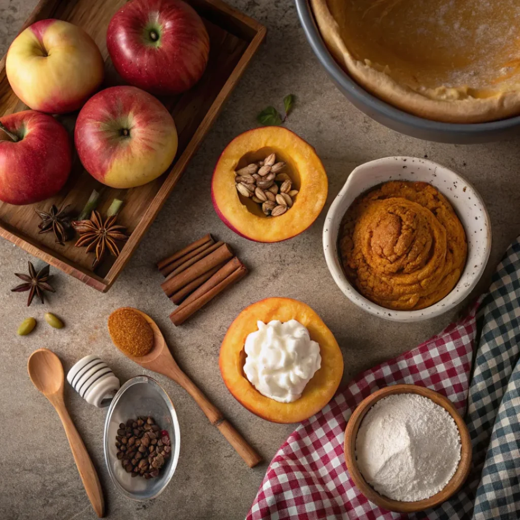 Ingredients for pumpkin pie stuffed baked apples including apples and pumpkin puree