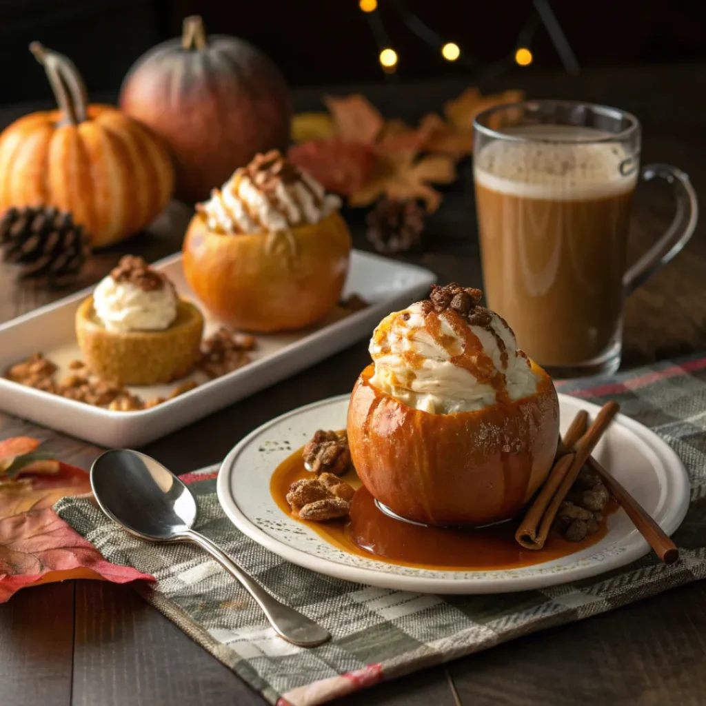 Pumpkin pie stuffed baked apples served with vanilla ice cream and caramel sauce