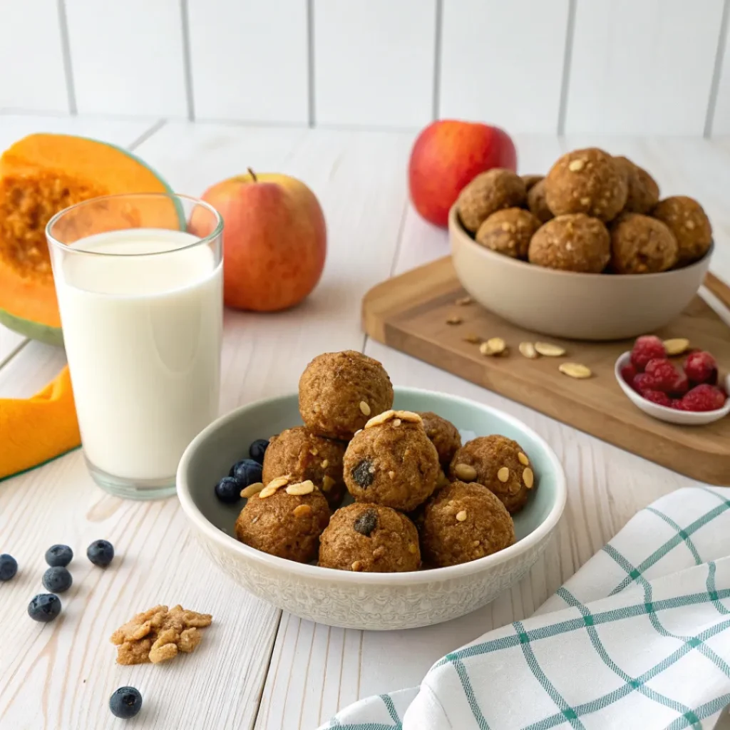 Healthy Pumpkin Protein Energy Balls 8 Pumpkin protein energy balls served with almond milk and fruit