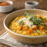 Creamy Pumpkin Risotto – Cozy Fall Dinner 9 Creamy pumpkin risotto in a rustic bowl with Parmesan and herbs
