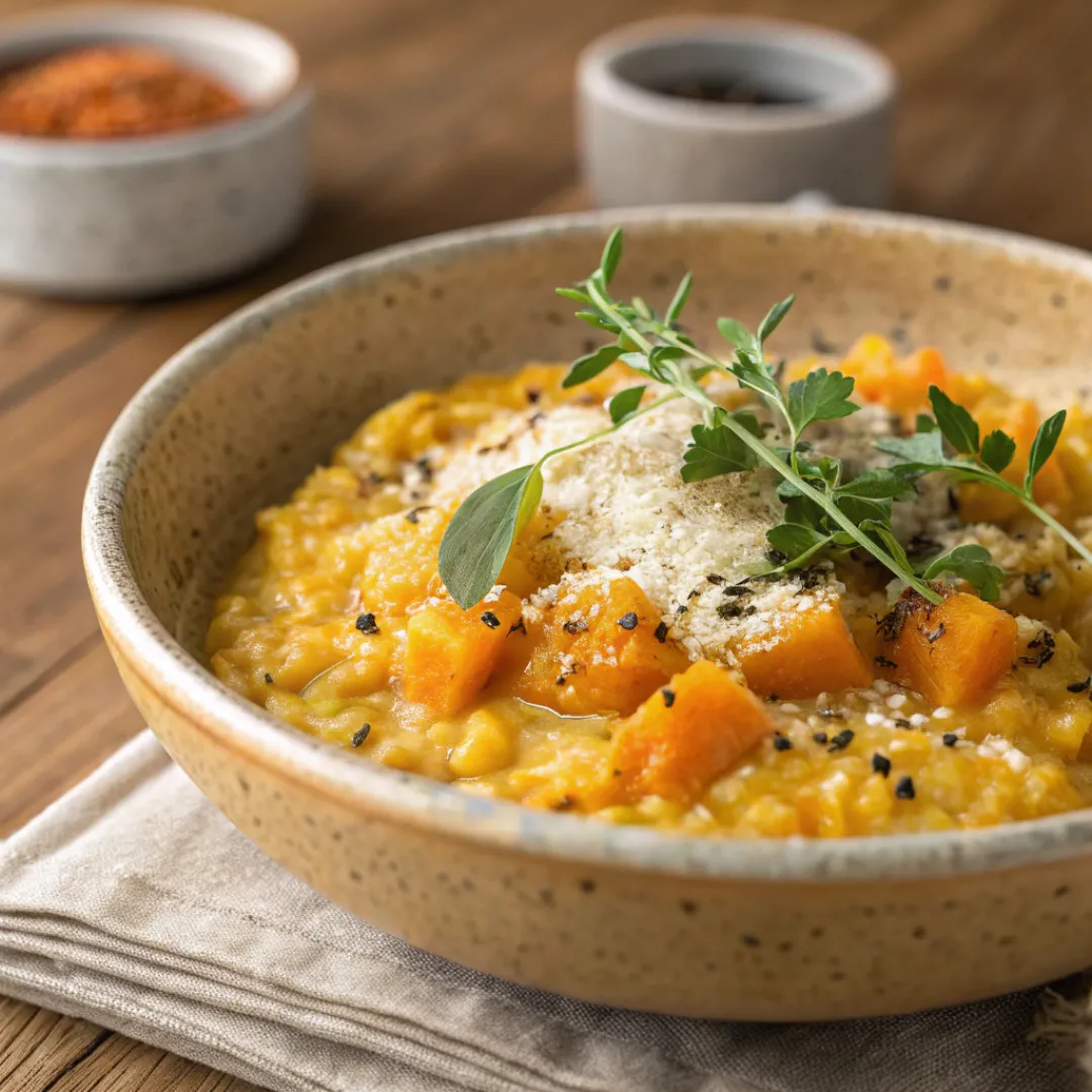 Creamy Pumpkin Risotto – Cozy Fall Dinner 5 Creamy pumpkin risotto in a rustic bowl with Parmesan and herbs