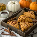 Pumpkin scones drizzled with espresso glaze on a rustic tray