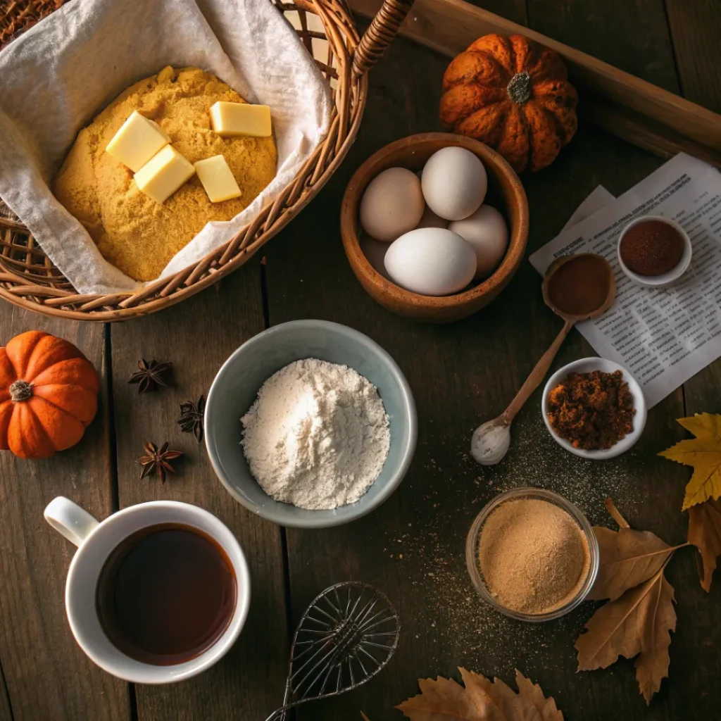 Ingredients for pumpkin scones with espresso glaze including pumpkin puree and spices