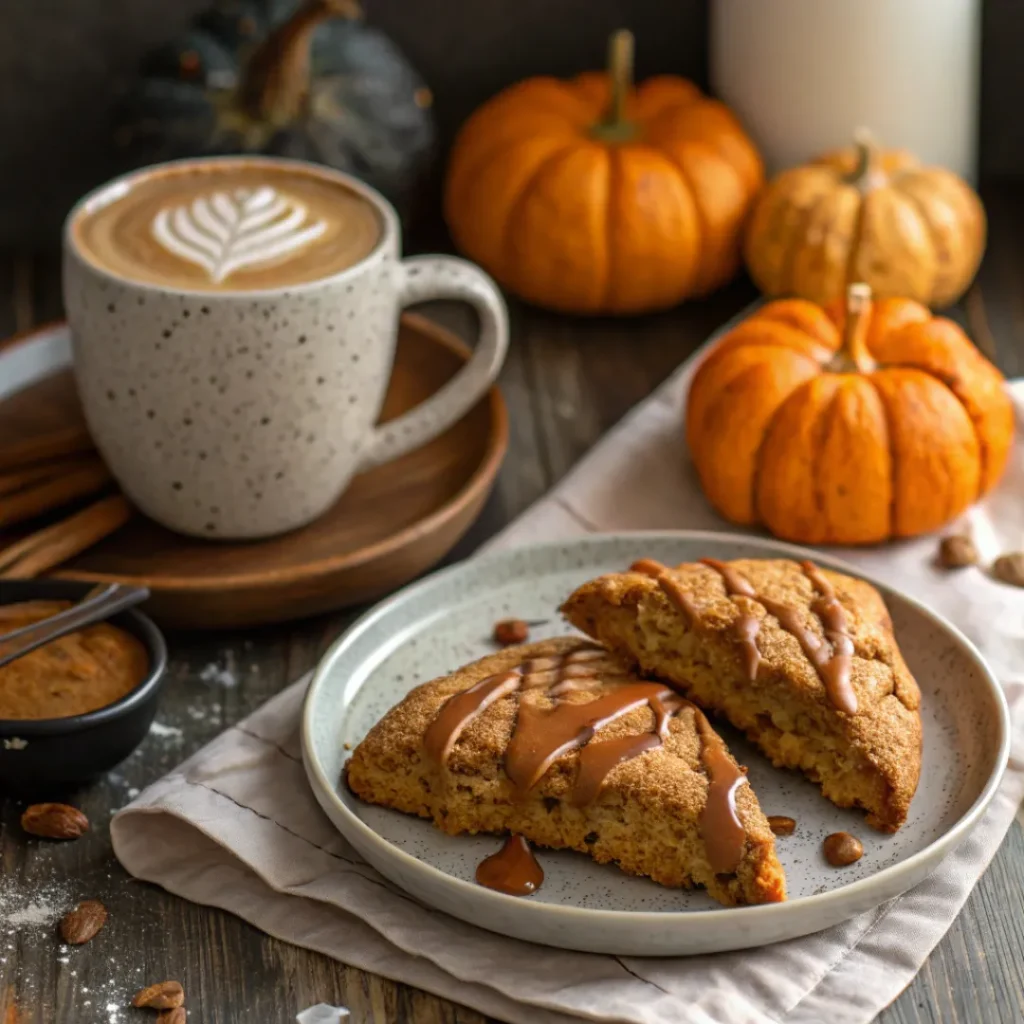 Pumpkin scones with espresso glaze served with a latte