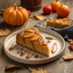 Slice of pumpkin upside down cake with caramelized pumpkin topping