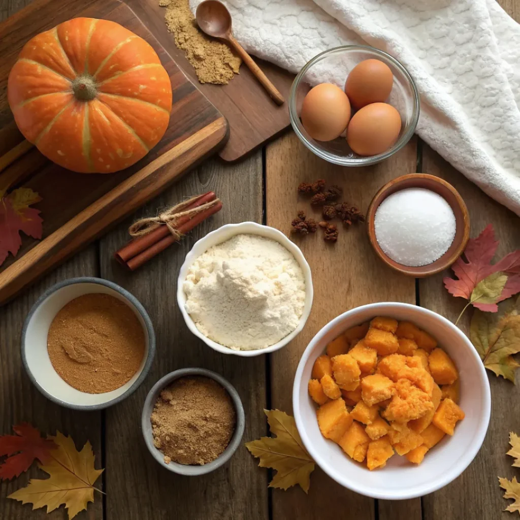Ingredients for pumpkin upside down cake including pumpkin puree, flour, sugar, and spices