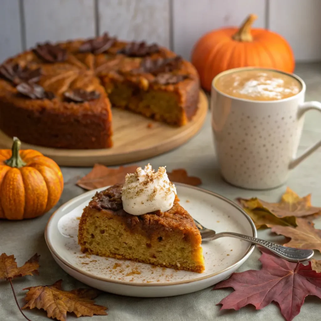 Pumpkin upside down cake served with whipped cream and spiced latte
