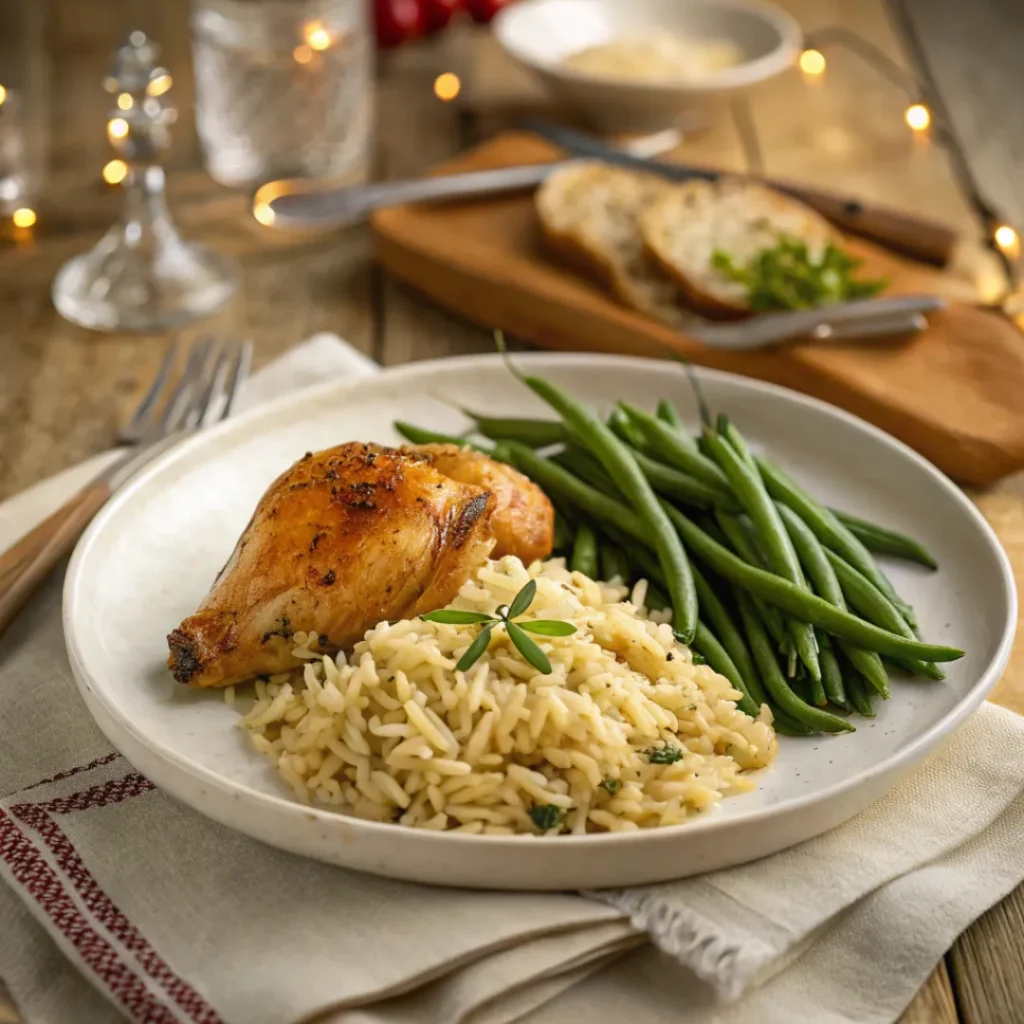 Rice Pilaf – Fluffy, Flavorful, and Easy to Make 8 Plate of rice pilaf with roasted chicken and green beans