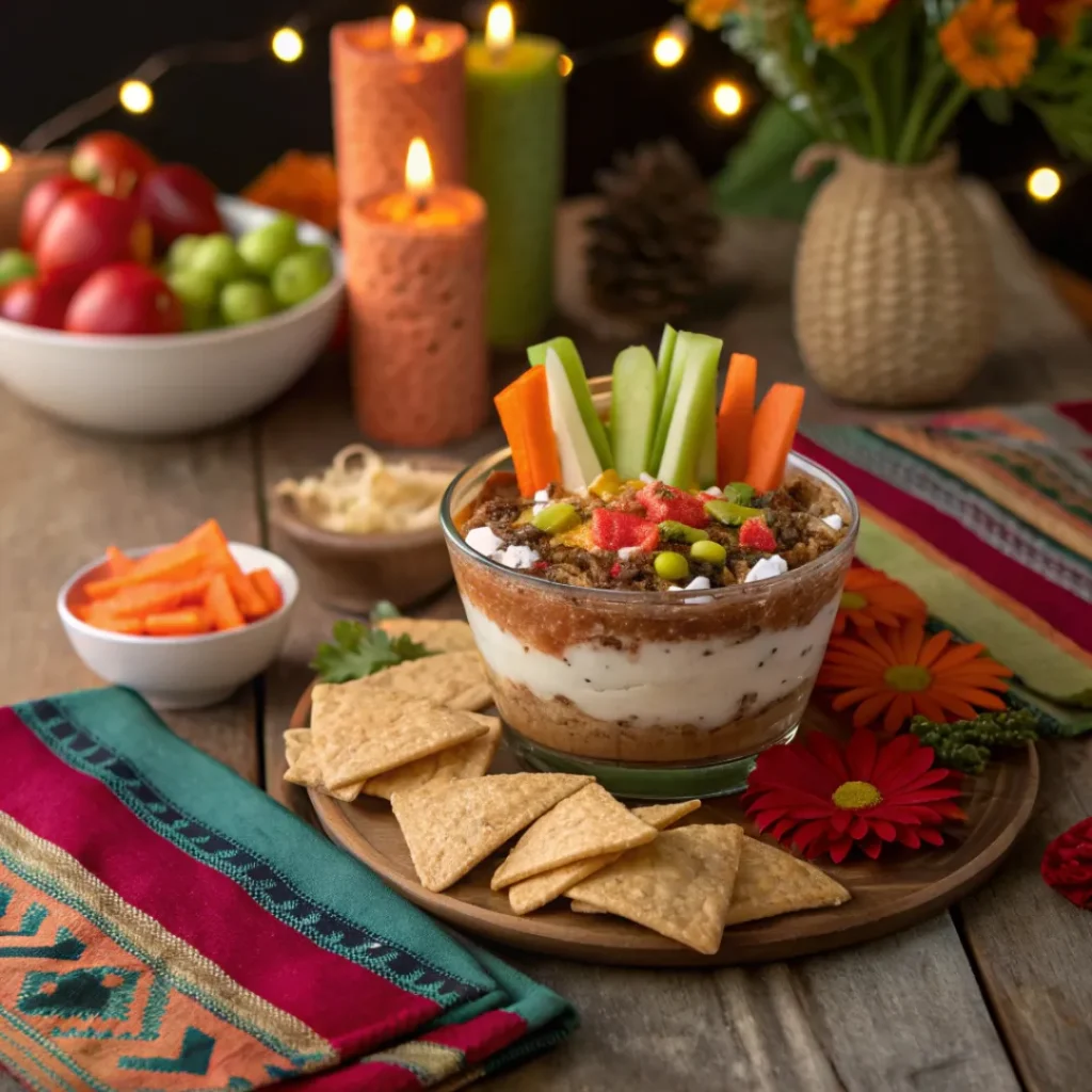 Seven Layer Dip – Colorful & Flavorful Appetizer 8 Seven layer dip served with chips and fresh vegetables for dipping