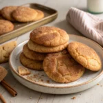 Plate of golden brown snickerdoodle cookies coated in cinnamon sugar