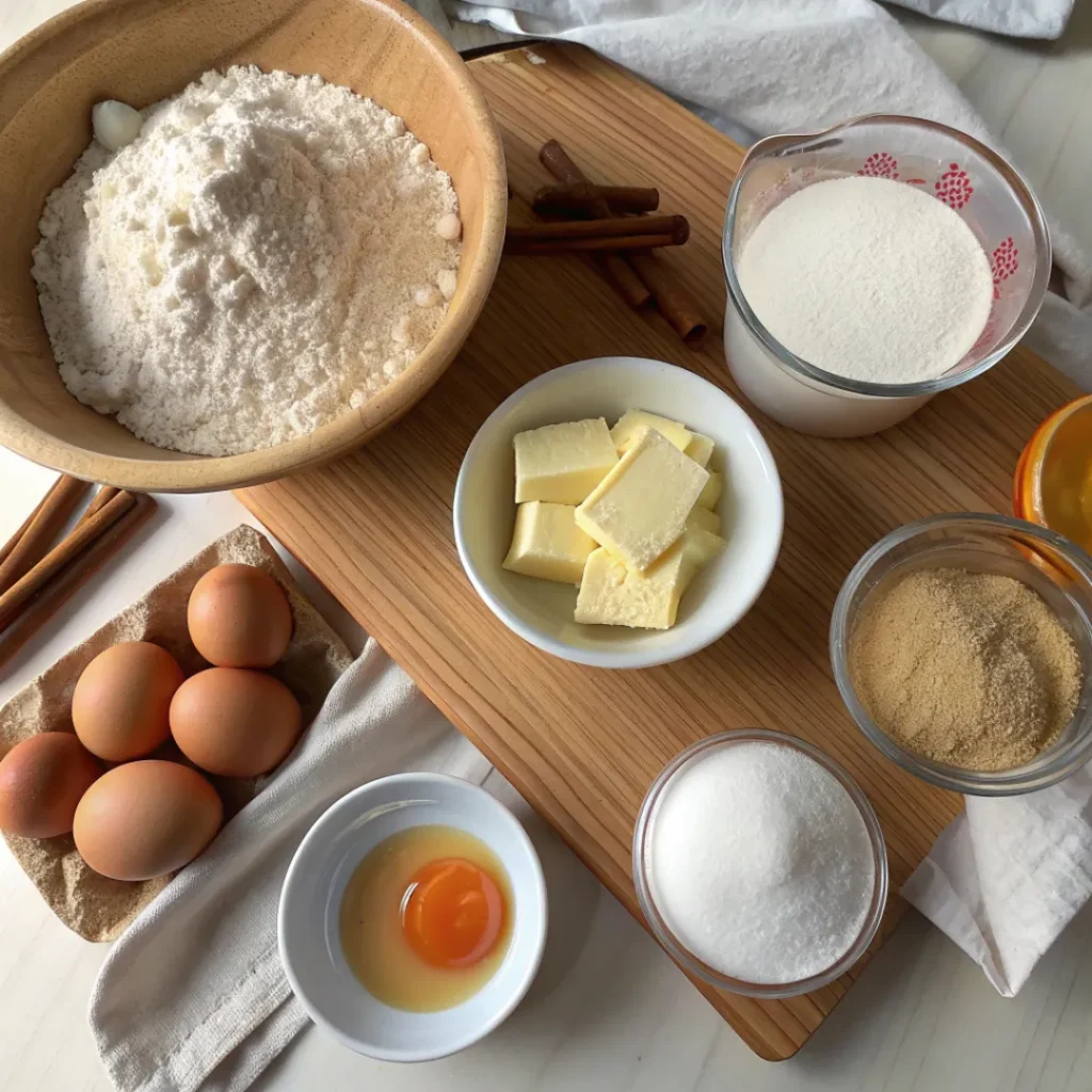 Ingredients for snickerdoodle cookies including flour, sugar, butter, cinnamon, and eggs