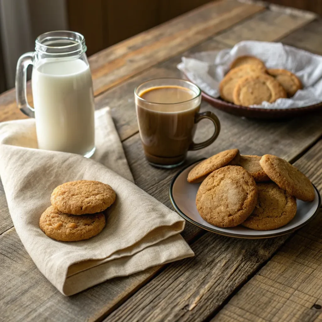 Snickerdoodle cookies served with milk and coffee on a wooden table
