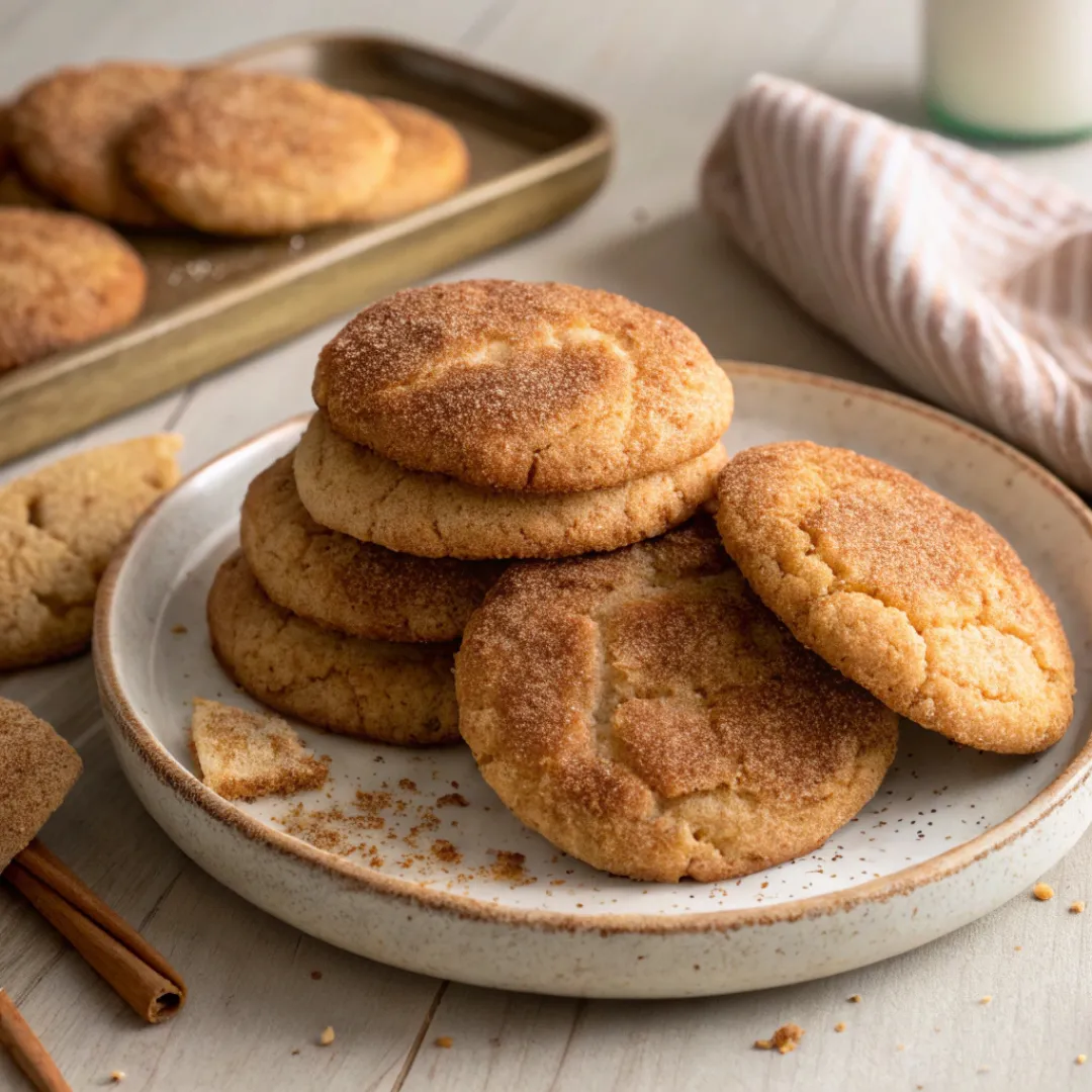 Plate of golden brown snickerdoodle cookies coated in cinnamon sugar