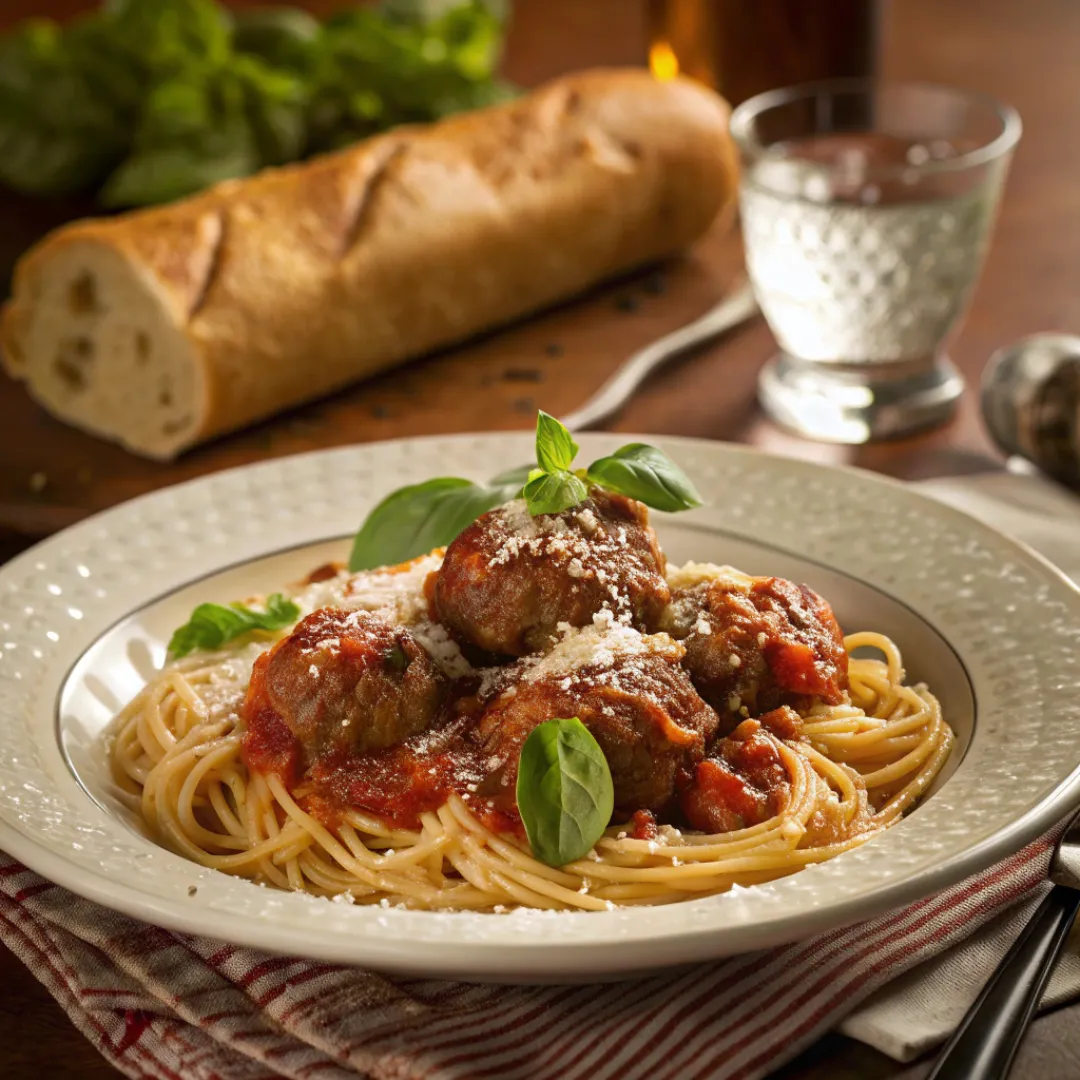 Classic Spaghetti and Meatballs – Italian Dinner Favorite 5 Spaghetti topped with marinara sauce, meatballs, and Parmesan cheese