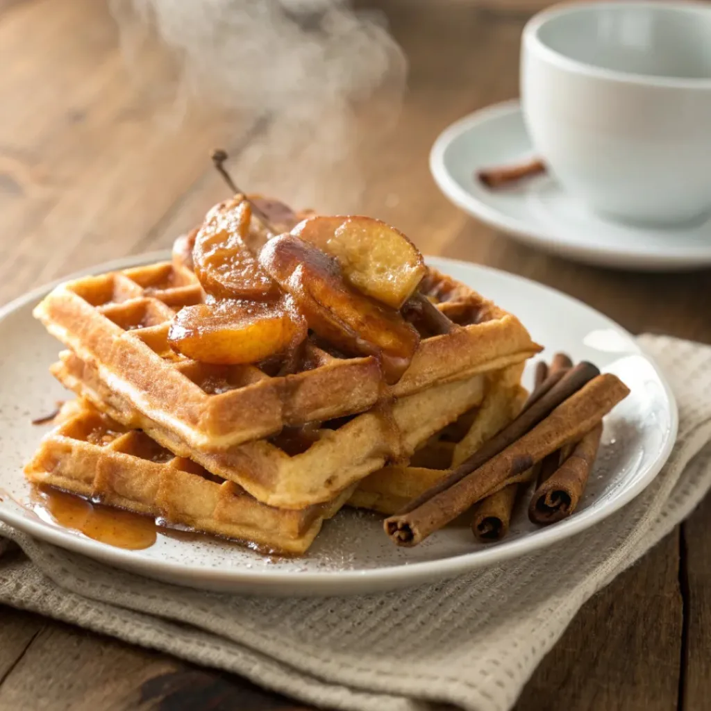 Spiced waffles topped with cinnamon caramelized pears