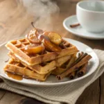 Spiced waffles topped with cinnamon caramelized pears