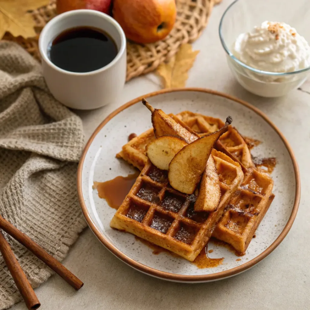 Spiced Waffles with Cinnamon Pears 8 Spiced Waffles with Cinnamon Pears and coffee on breakfast table