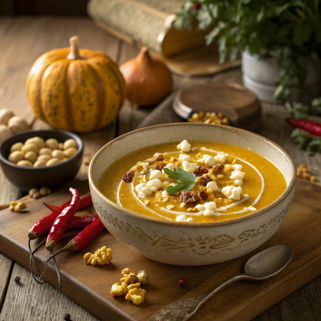 Bowl of spicy honeynut squash soup topped with buttered popcorn and cream drizzle