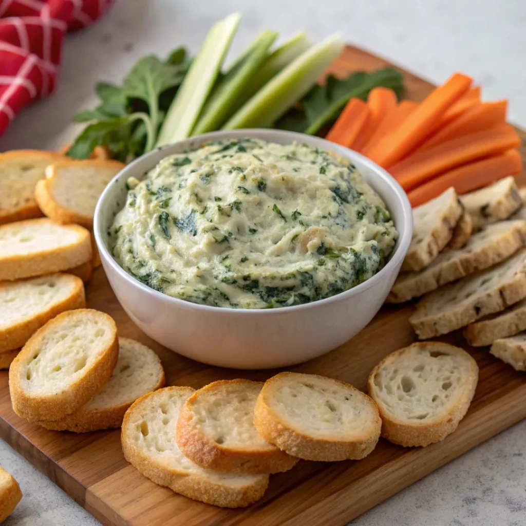 Easy Spinach Artichoke Dip – Perfect Appetizer 8 Spinach artichoke dip served with bread, crackers, and vegetables