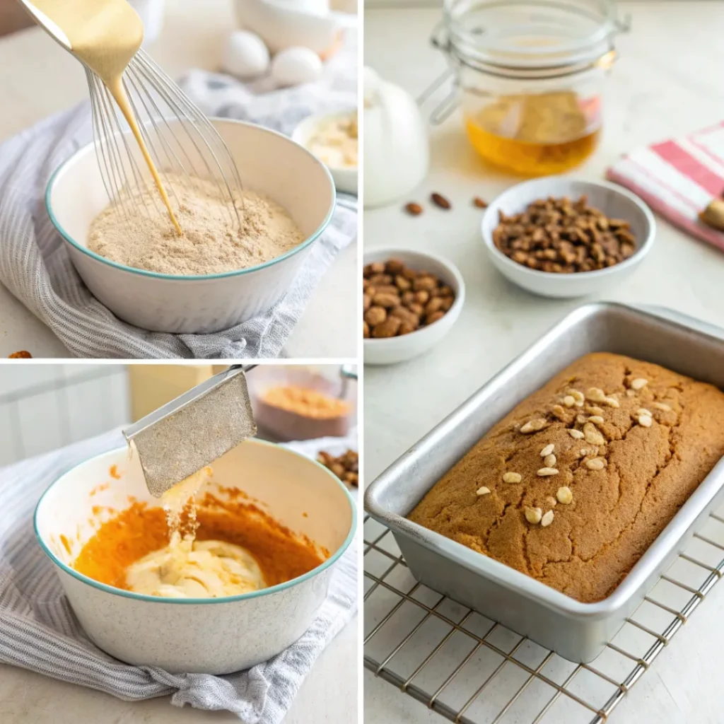Almond Flour Pumpkin Bread – Moist & Gluten-Free Fall Treat 7 Collage showing mixing, baking, and cooling almond flour pumpkin bread