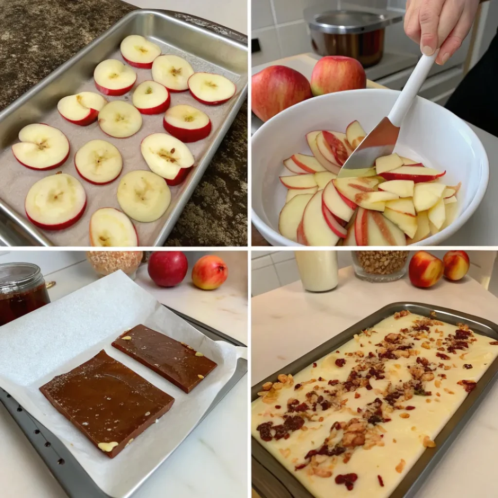Step-by-step process of making candy apple bark with chocolate, apples, and nuts