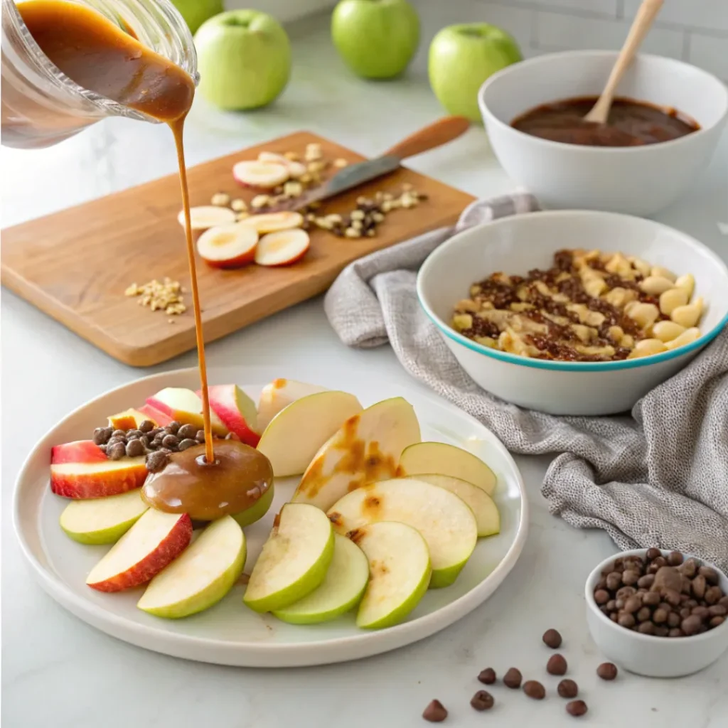 Step-by-step process of making caramel apple nachos with caramel, apples, and toppings