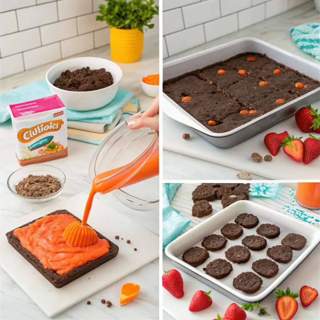 Step-by-step process of making carrot patch brownies with Oreo crumbs and strawberries