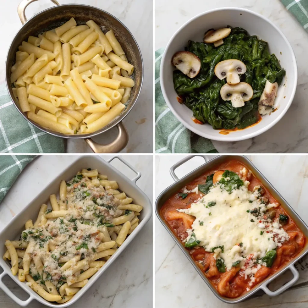 Cheesy Baked Ziti with Spinach and Mushrooms – Comfort Food Classic 7 Step-by-step preparation of cheesy baked ziti with spinach and mushrooms