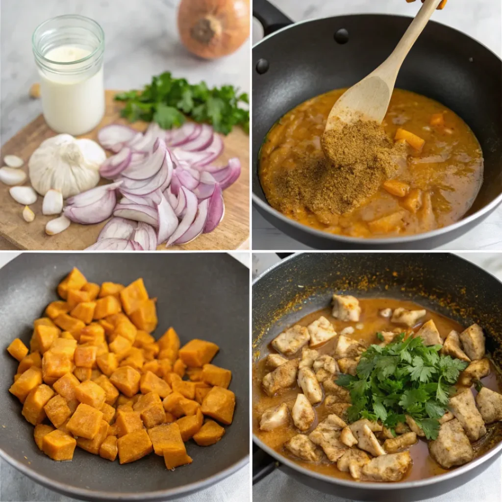 Step-by-step preparation of chicken and pumpkin curry