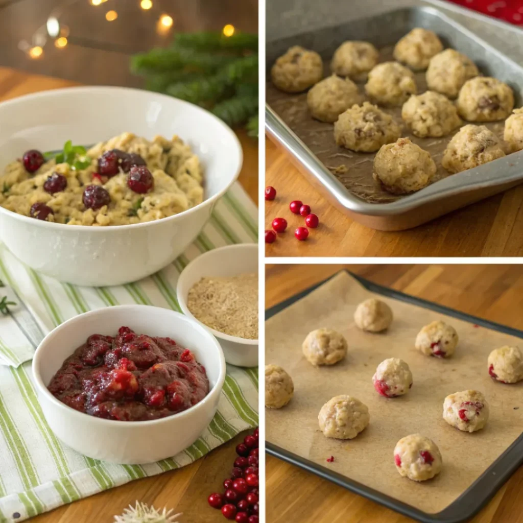 Step-by-step process of making cranberry turkey stuffing balls
