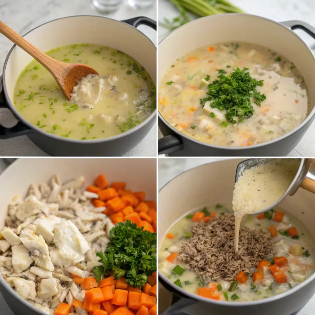Creamy Chicken Wild Rice Soup – Flavorful Weeknight Meal 7 steps process of preparing creamy chicken and wild rice soup