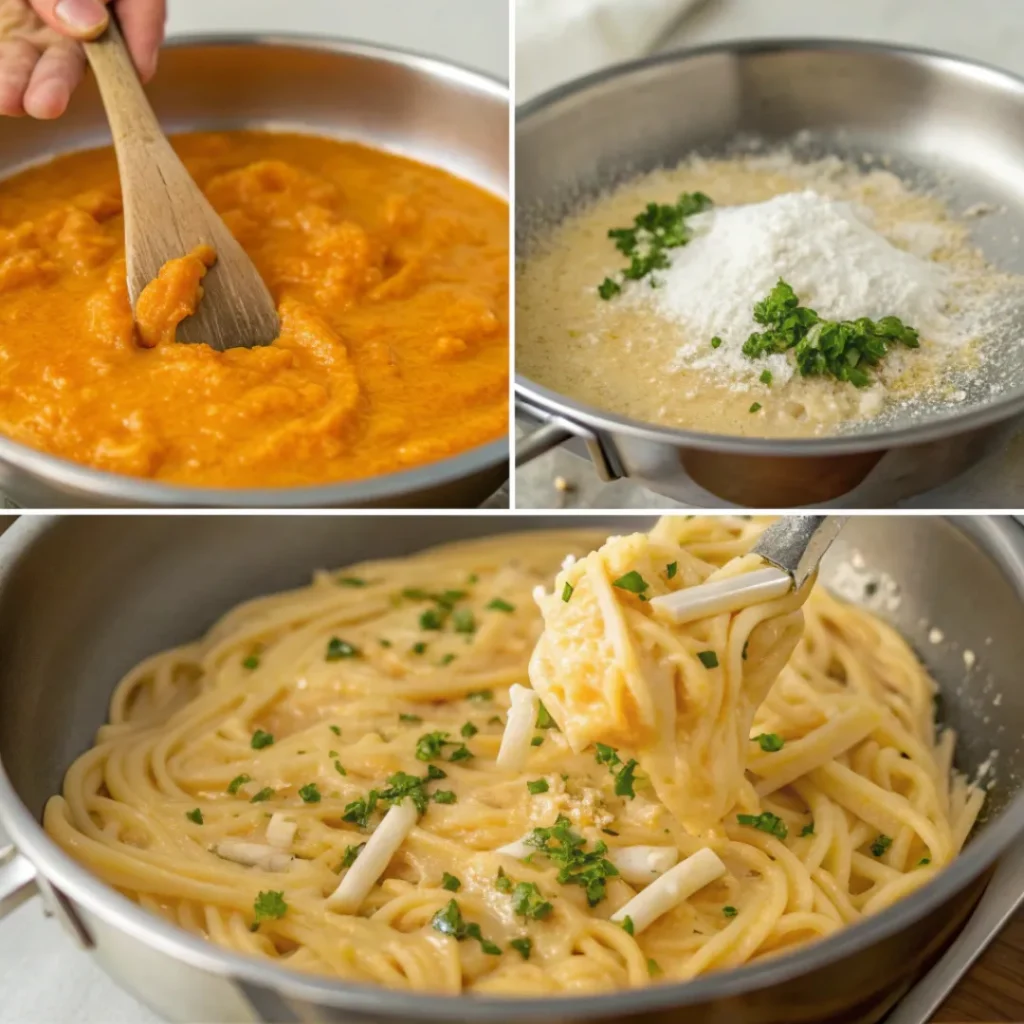 Step-by-step preparation of creamy pumpkin pasta