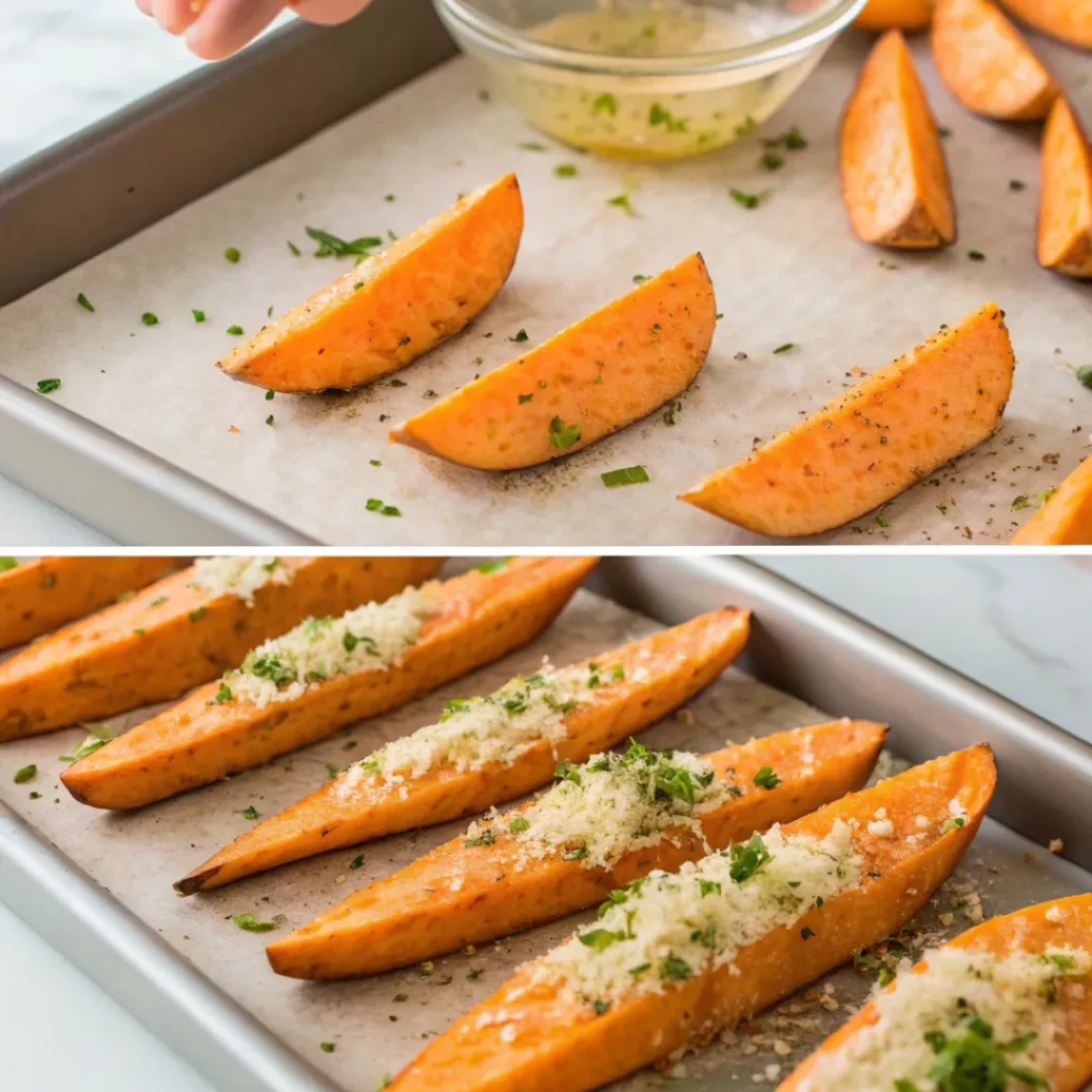 Garlic Parmesan Sweet Potato Wedges – Crispy & Flavorful 7 Step-by-step preparation of garlic parmesan sweet potato wedges