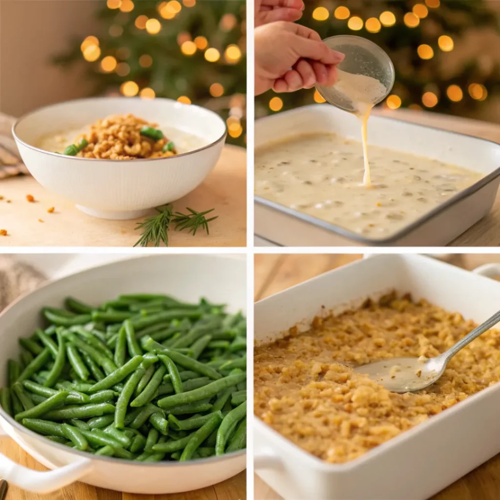 Green Bean Casserole – Easy Classic Side Dish 7 Step-by-step process of making green bean casserole with crispy onion topping