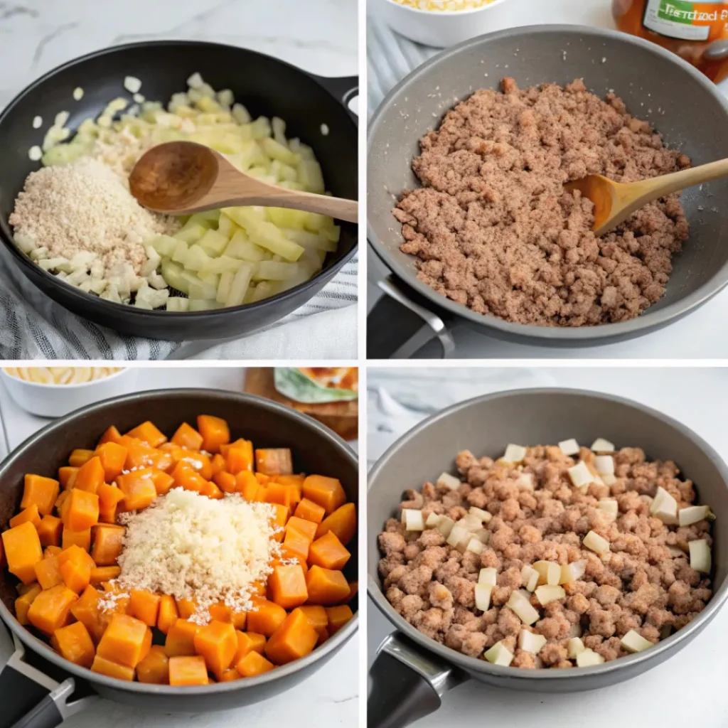Step-by-step preparation of ground turkey and sweet potato bake from stove to oven