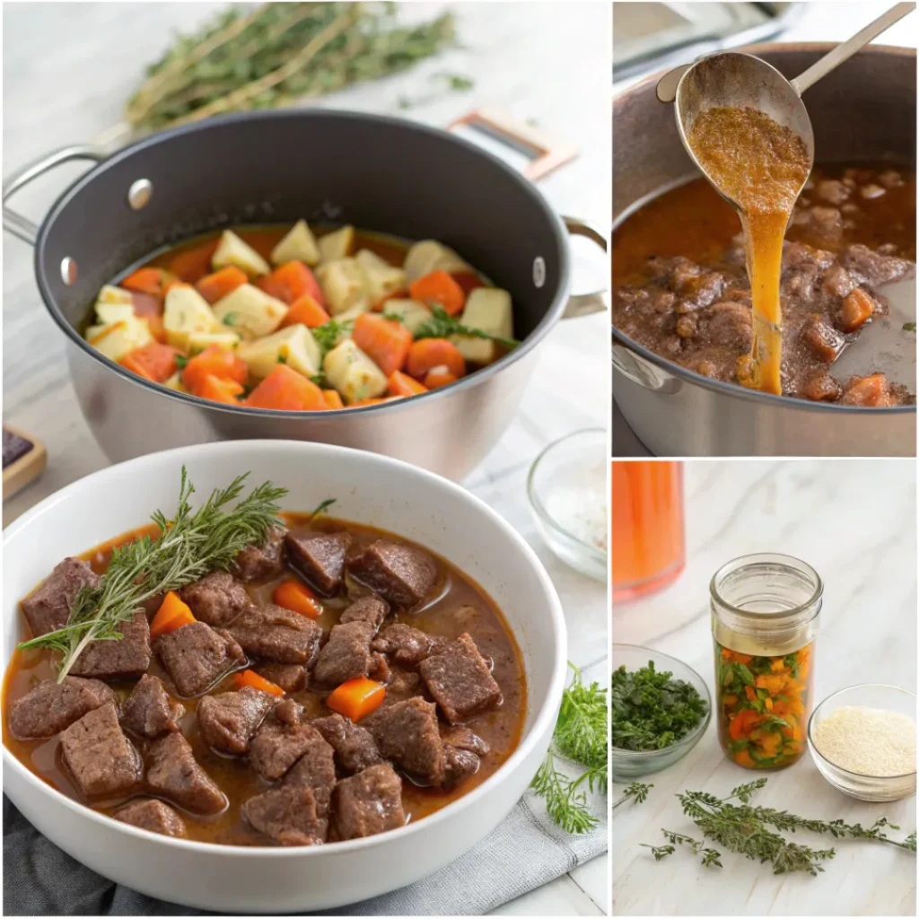 Step-by-step process of cooking homemade beef stew in a pot