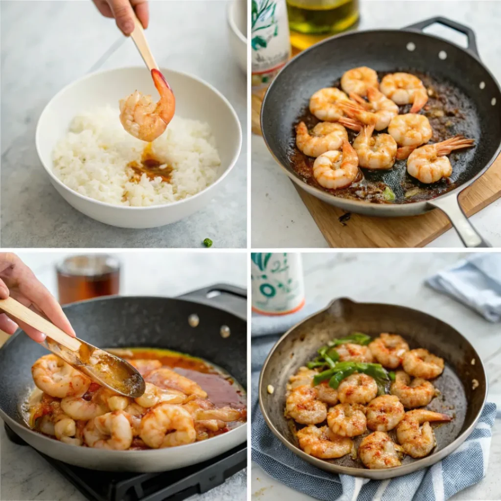 Step-by-step preparation of honey garlic shrimp from marinade to skillet