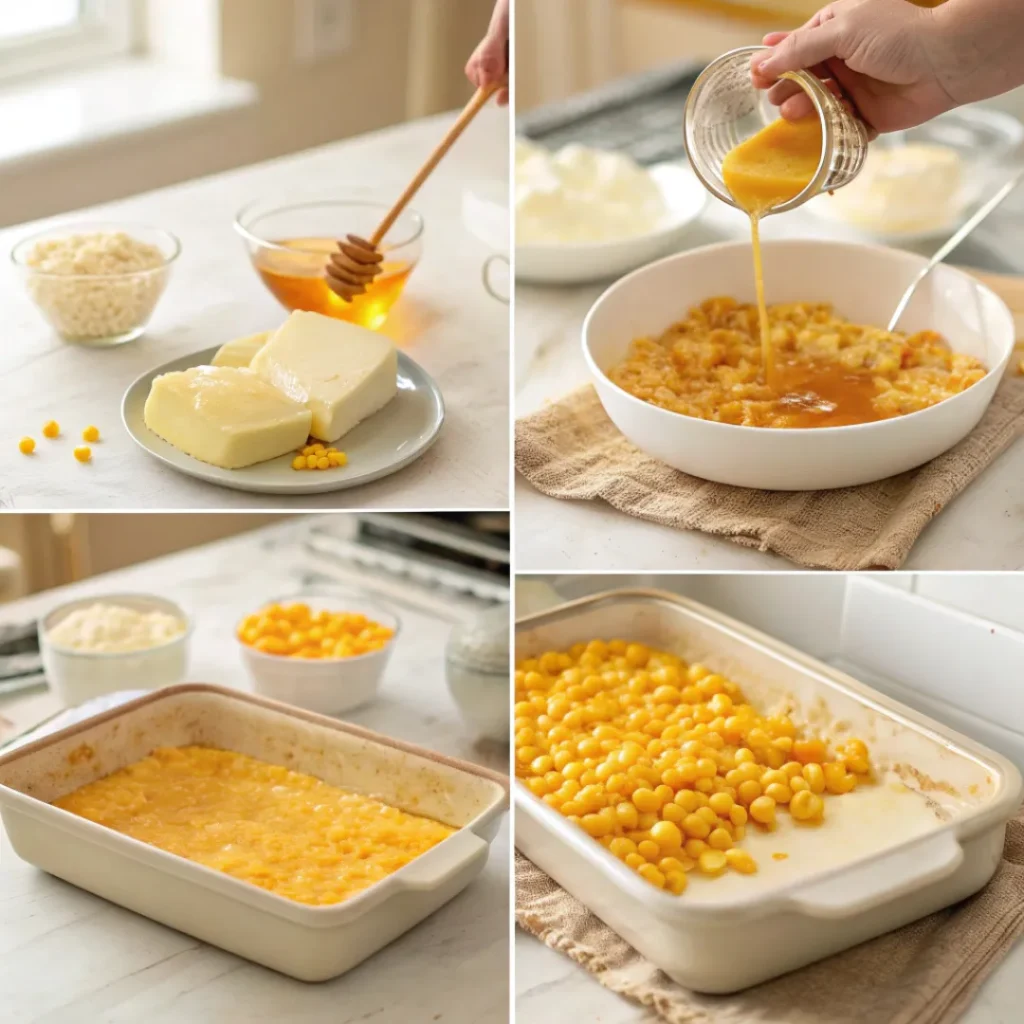 Step-by-step preparation of honey glazed corn casserole from mixing to baking