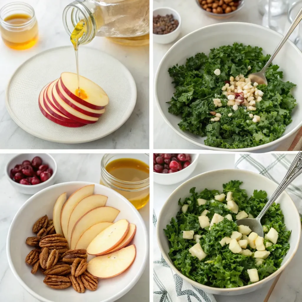 Step-by-step process of making kale apple and pecans salad