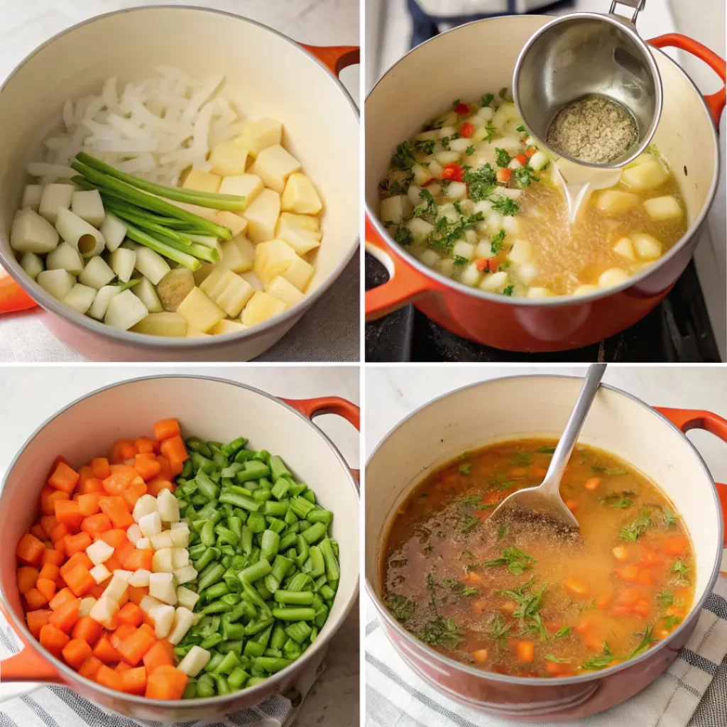 One-Pot Vegetable Soup – Easy & Nutritious Dinner 7 Step-by-step preparation of vegetable soup from sautéing to simmering