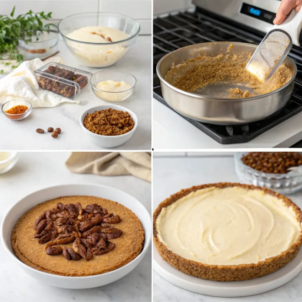 Step-by-step process of making pecan pie cheesecake from crust to topping
